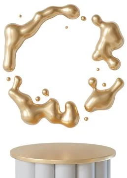 Golden liquid forms floating shapes above a round podium in an empty space... Stock Illustration