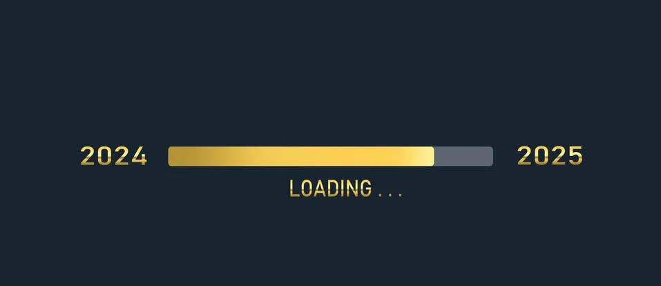 Golden loading progress bar of 2024, 2025, happy new years isolated on dark b Stock Photos