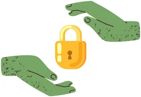 Golden lock between human hands. Personal data protection, security. Closed Stock Illustration
