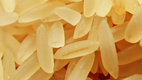 Golden long grain rice macro close up presentation slowly rotating stock fo.. Stock Footage 344859184