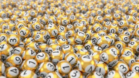 Golden lottery balls stack background. 3d illustration Stock Illustration