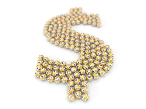 Golden lottery balls stack in dollar sign shape. 3d illustration Stock Illustration