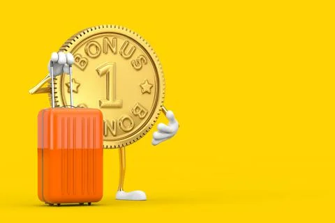Golden Loyalty Program Bonus Coin Person Character Mascot with Orange Travel  Stock-Illustration