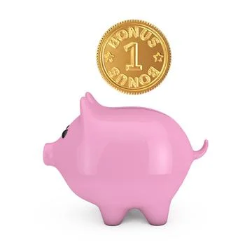 Golden Loyalty Program Bonus Coin with Pink Piggy Bank. 3d Rendering Illustrazione stock