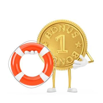 Golden Loyalty Program Bonus Coin Person Character Mascot with Life Buoy. 3d  Stock Illustration