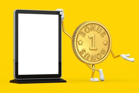Golden Loyalty Program Bonus Coin Person Character Mascot with Blank Trade Sh Ilustración de archivo