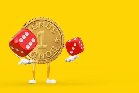 Golden Loyalty Program Bonus Coin Person Character Mascot with Red Game Dice  Stock-Illustration