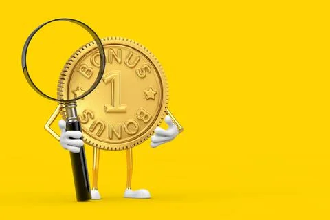 Golden Loyalty Program Bonus Coin Person Character Mascot with Magnifying Gla Stockillustratie