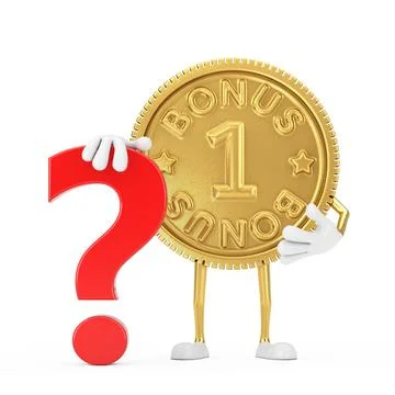 Golden Loyalty Program Bonus Coin Person Character Mascot with Red Question M Stock-Illustration