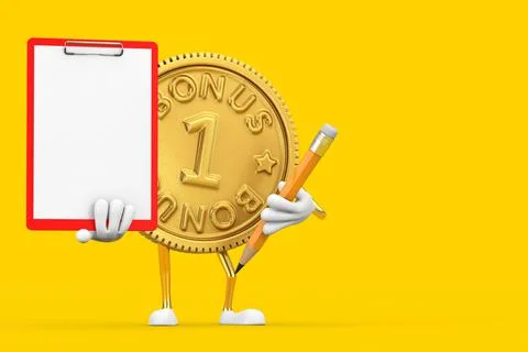 Golden Loyalty Program Bonus Coin Person Character Mascot with Red Plastic Cl Stock-Illustration