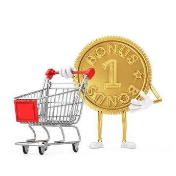 Golden Loyalty Program Bonus Coin Person Character Mascot with Shopping Cart  Stock-Illustration