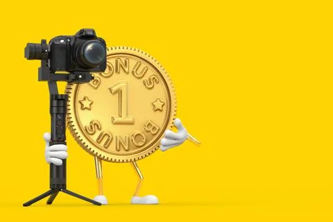 Golden Loyalty Program Bonus Coin Person Character Mascot with DSLR or Video  Stock-Illustration