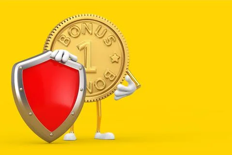 Golden Loyalty Program Bonus Coin Person Character Mascot with Red Metal Prot Illustrazione stock