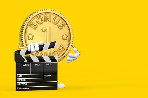 Golden Loyalty Program Bonus Coin Person Character Mascot with Movie Clapper  Stock-Illustration