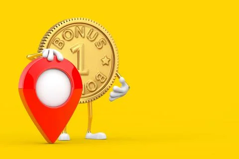 Golden Loyalty Program Bonus Coin Person Character Mascot with Red Map Pointe Stock-Illustration