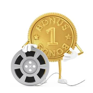 Golden Loyalty Program Bonus Coin Person Character Mascot with Film Reel Cine Stock-Illustration