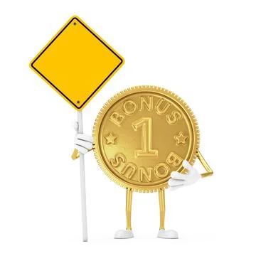 Golden Loyalty Program Bonus Coin Person Character Mascot and Yellow Road Sig Stock-Illustration