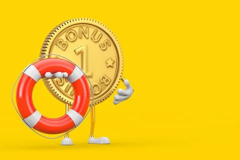 Golden Loyalty Program Bonus Coin Person Character Mascot with Life Buoy. 3d  Stock Illustration