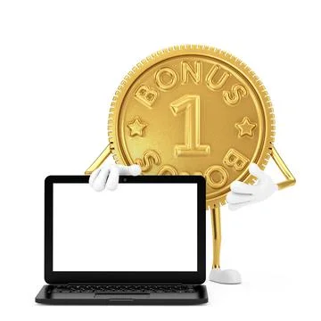 Golden Loyalty Program Bonus Coin Person Character Mascot with Modern Laptop  Stock-Illustration