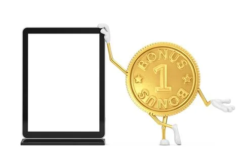 Golden Loyalty Program Bonus Coin Person Character Mascot with Blank Trade Sh Stock-Illustration