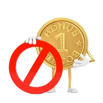 Golden Loyalty Program Bonus Coin Person Character Mascot with Red Prohibitio Stock-Illustration