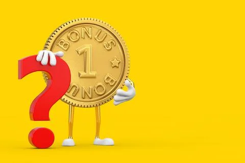 Golden Loyalty Program Bonus Coin Person Character Mascot with Red Question M Stock Illustration