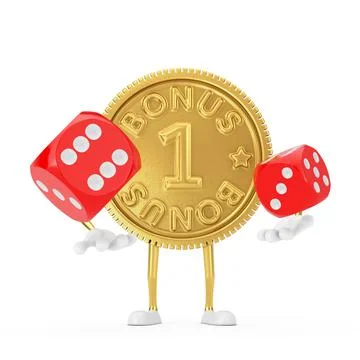 Golden Loyalty Program Bonus Coin Person Character Mascot with Red Game Dice  イラスト素材