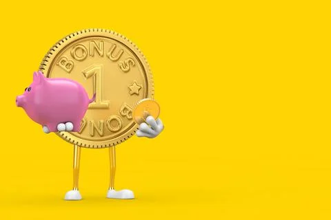 Golden Loyalty Program Bonus Coin Person Character Mascot with Piggy Bank and Stock-Illustration