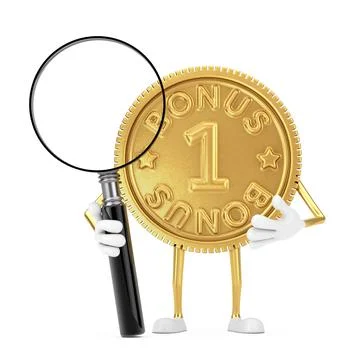 Golden Loyalty Program Bonus Coin Person Character Mascot with Magnifying Gla Illustrazione stock
