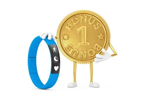 Golden Loyalty Program Bonus Coin Person Character Mascot with Blue Fitness T Stock-Illustration