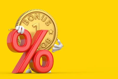 Golden Loyalty Program Bonus Coin Person Character Mascot with Red Retail Per Stock-Illustration