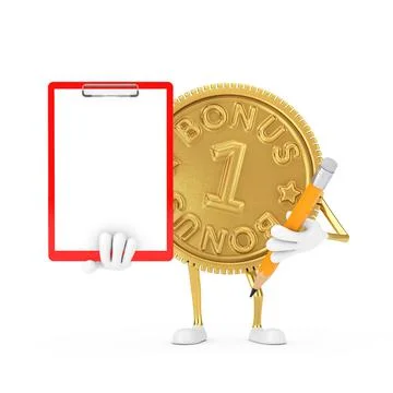 Golden Loyalty Program Bonus Coin Person Character Mascot with Red Plastic Cl Stock-Illustration