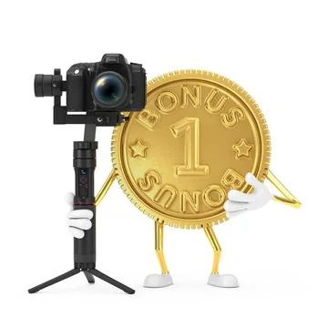 Golden Loyalty Program Bonus Coin Person Character Mascot with DSLR or Video  Stock Illustration