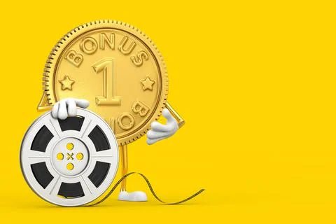 Golden Loyalty Program Bonus Coin Person Character Mascot with Film Reel Cine Stock-Illustration