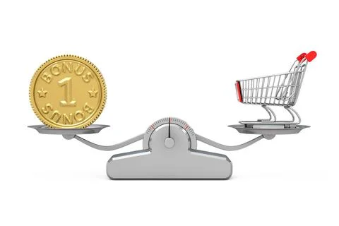 Golden Loyalty Program Bonus Coin with Empty Shopping Cart Balancing on a Sim Stock-Illustration
