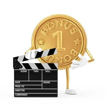 Golden Loyalty Program Bonus Coin Person Character Mascot with Movie Clapper  Stock-Illustration