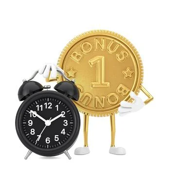 Golden Loyalty Program Bonus Coin Person Character Mascot with Alarm Clock. 3 Stock-Illustration