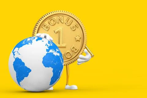 Golden Loyalty Program Bonus Coin Person Character Mascot with Earth Globe. 3 Stock-Illustration