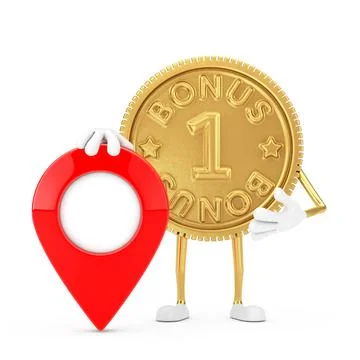 Golden Loyalty Program Bonus Coin Person Character Mascot with Red Map Pointe Stock-Illustration