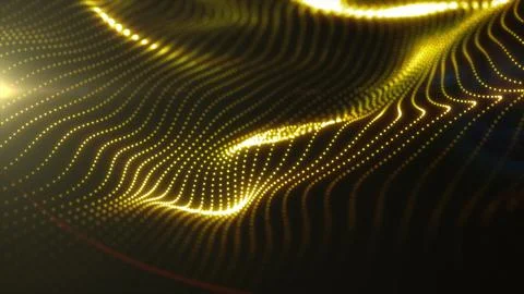 Golden luminous particle surface with flowing dotted lines and radiant high.. Stock Illustration