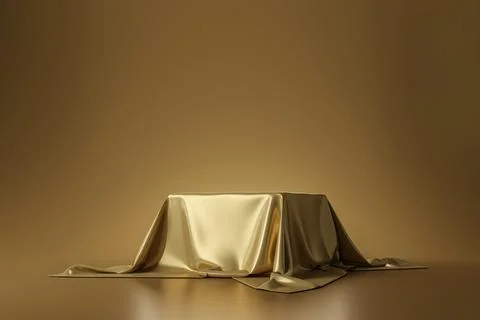 Golden luxurious fabric placed on top pedestal or blank podium shelf on gol.. Stock Illustration