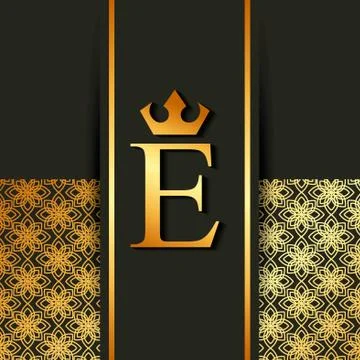 Golden luxury and elegant e letter crown royal heraldic floral decoration Stock Illustration