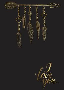 Golden luxury Boho elements. Vector illustration with feathers, arrow and chains Illustrazione stock