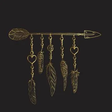 Golden luxury Boho elements. Vector illustration with feathers, arrow and chain Stock Illustration