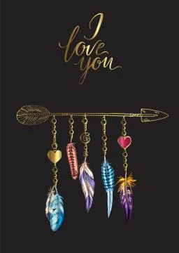 Golden luxury Boho elements. Vector illustration with feathers, arrow and chains Illustrazione stock