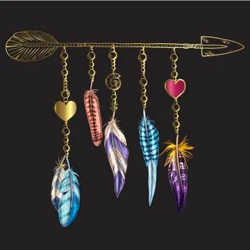 Golden luxury Boho elements. Vector illustration with feathers, arrow and chains Stock Illustration