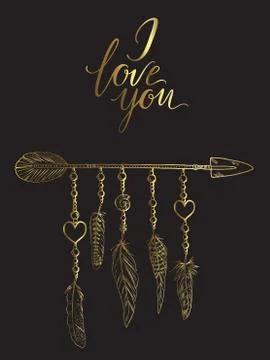 Golden luxury Boho elements. Vector illustration with feathers, arrow and chains Illustrazione stock