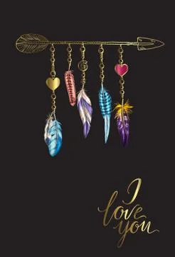 Golden luxury Boho elements. Vector illustration with feathers, arrow and chains Illustrazione stock