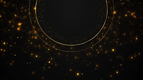 Golden luxury circle frame black center space, glowing dotted rings, sparkling b Stock Footage 340471980
