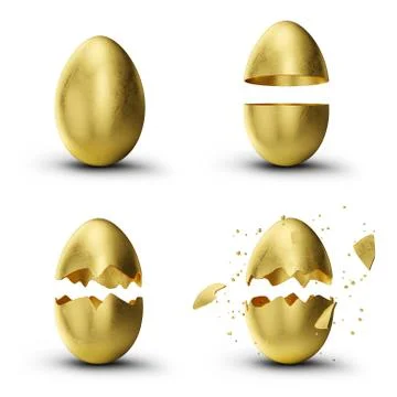 Golden, luxury easter set eggs. Set golden eggs cracked, broken into many pieces Stock-Illustration
